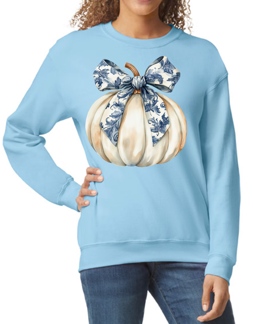 Cream Pumpkin with Blue Bow