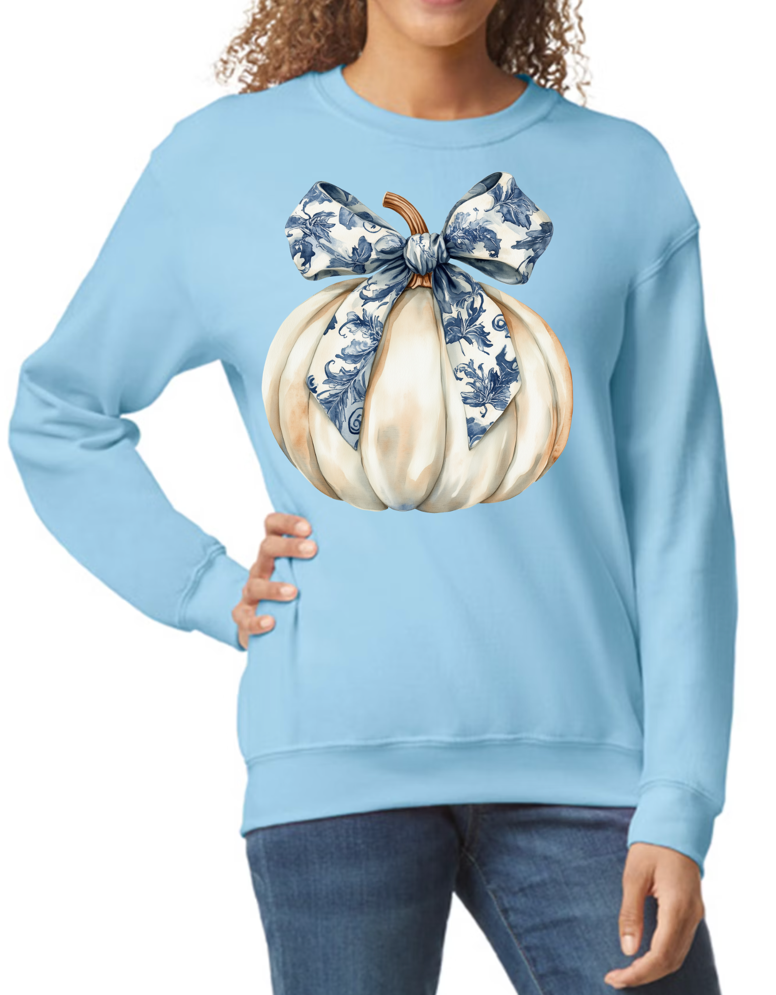 Cream Pumpkin with Blue Bow