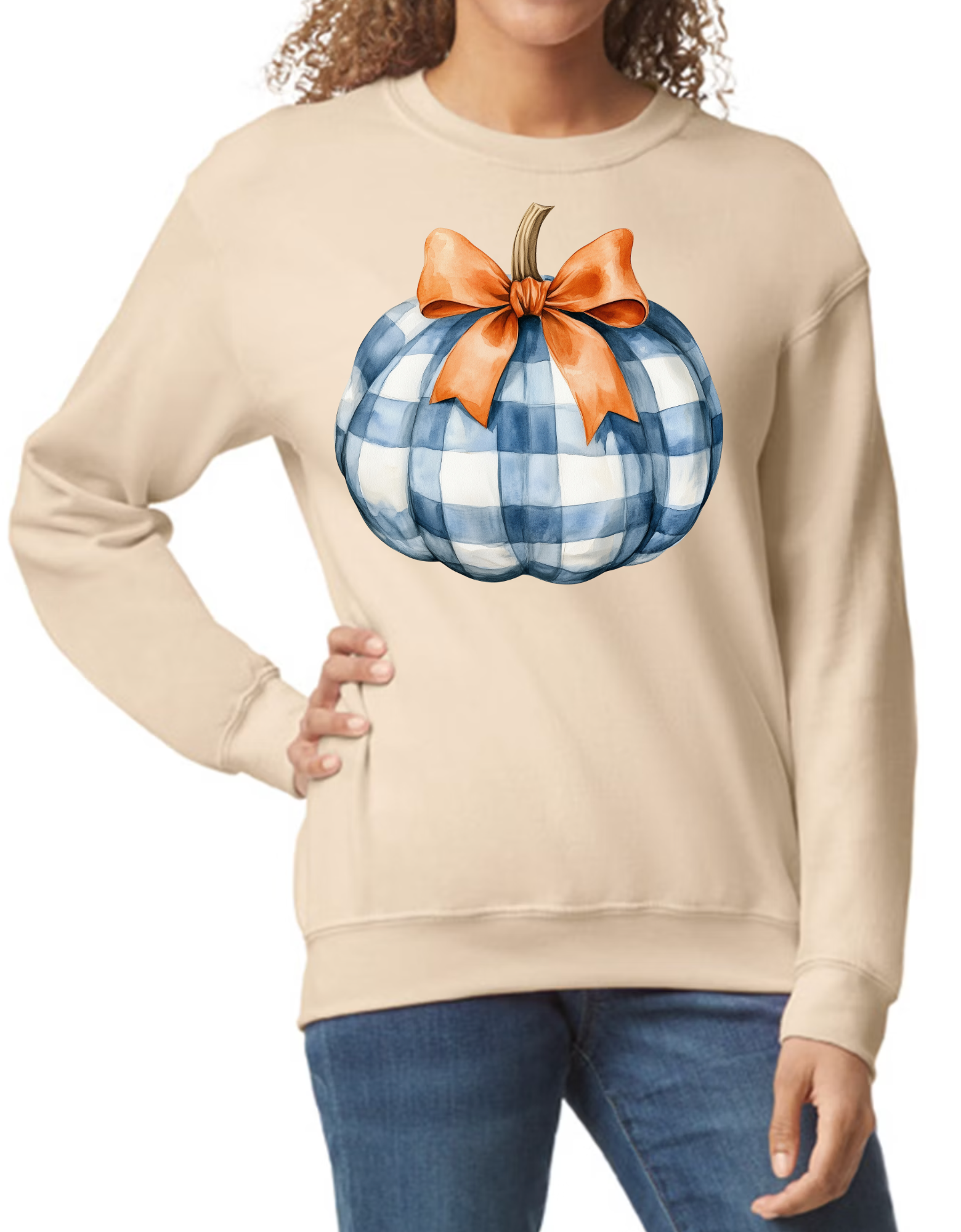 Blue Plaid Pumpkin With Orange Bow