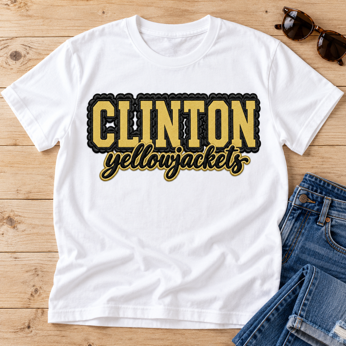 Clinton Yellow Jackets Faux Embroidery Scalloped Trim